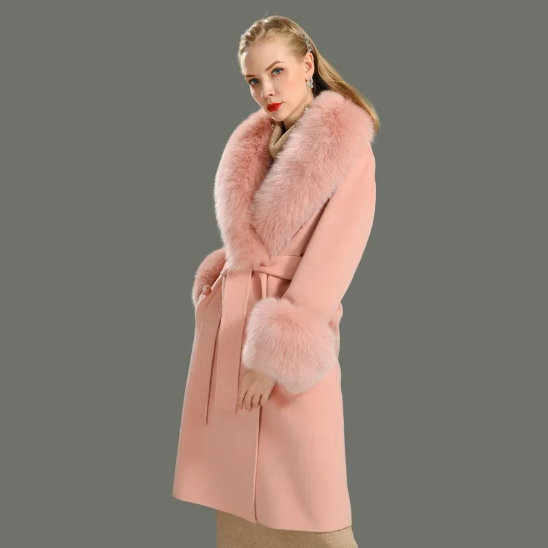 Women's Woolen Coat with Natural Fur Collar