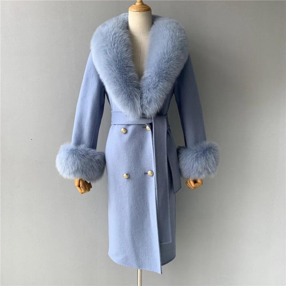 Women's Woolen Coat with Natural Fur Collar