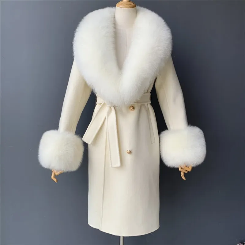 Women's Woolen Coat with Natural Fur Collar