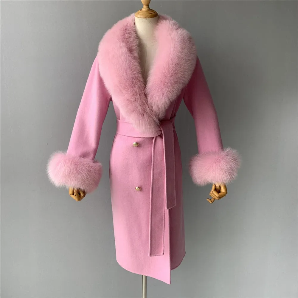 Women's Woolen Coat with Natural Fur Collar