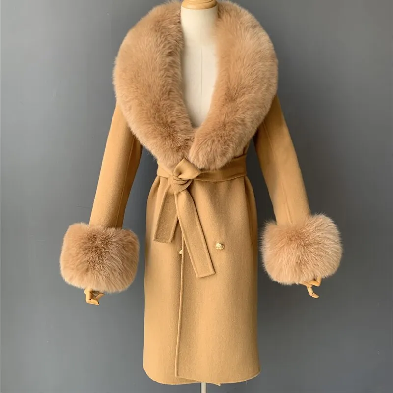 Women's Woolen Coat with Natural Fur Collar