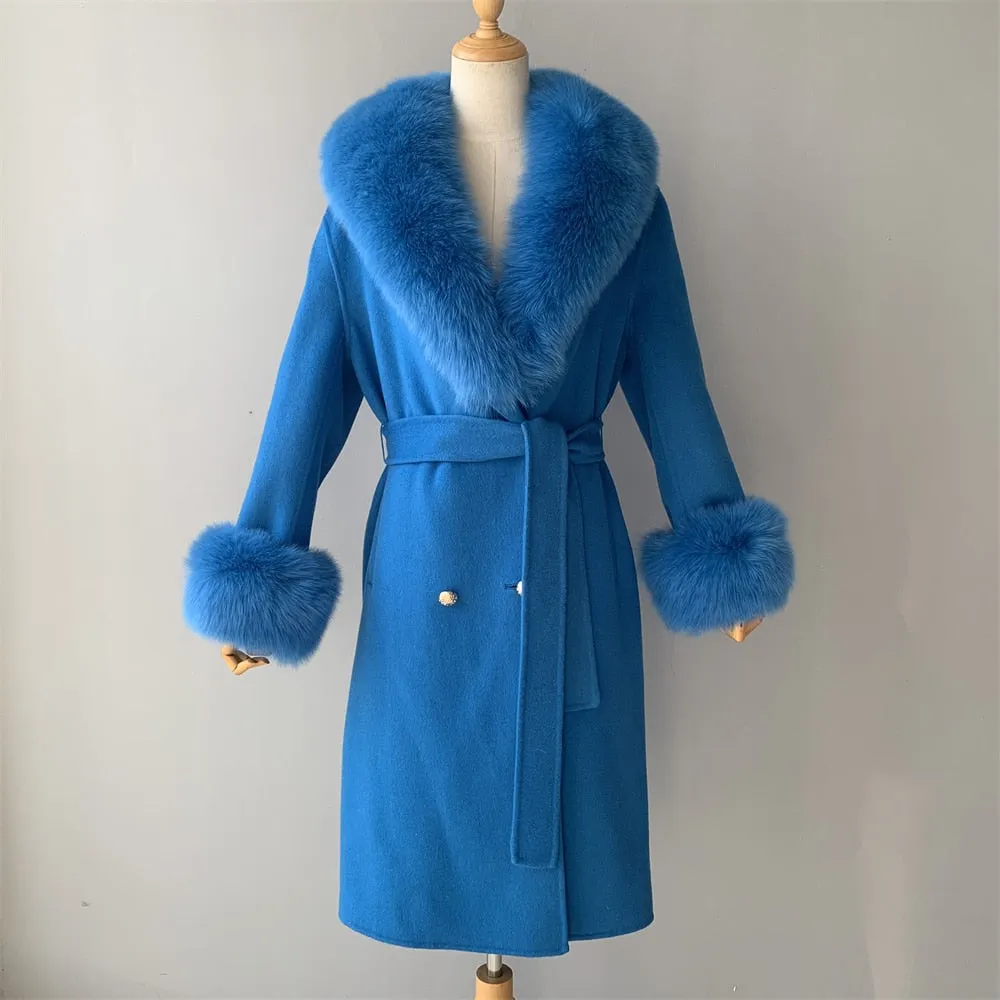 Women's Woolen Coat with Natural Fur Collar