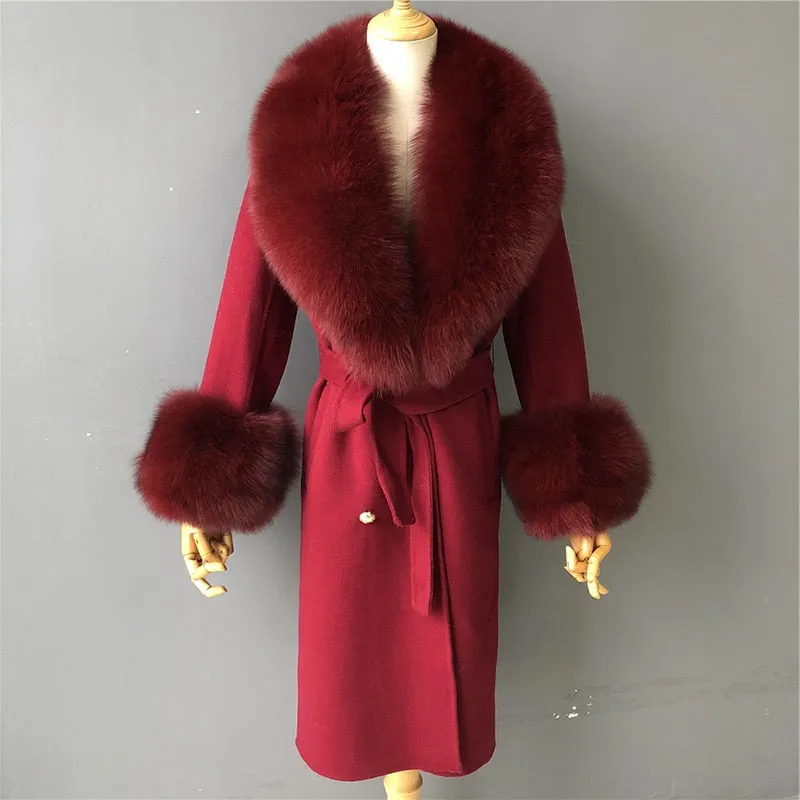 Women's Woolen Coat with Natural Fur Collar