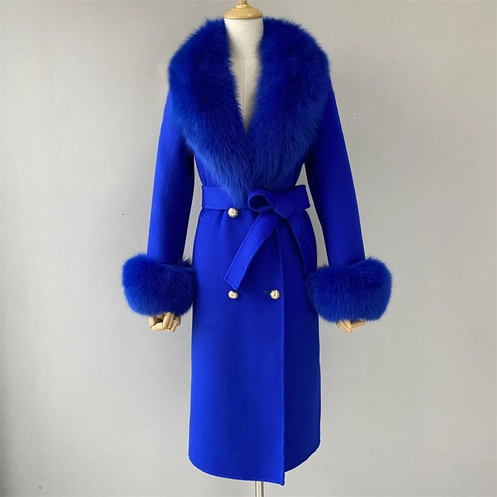 Women's Woolen Coat with Natural Fur Collar