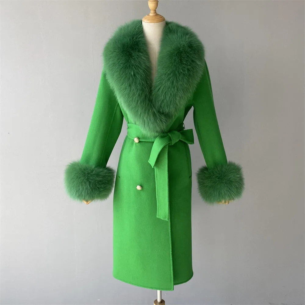 Women's Woolen Coat with Natural Fur Collar