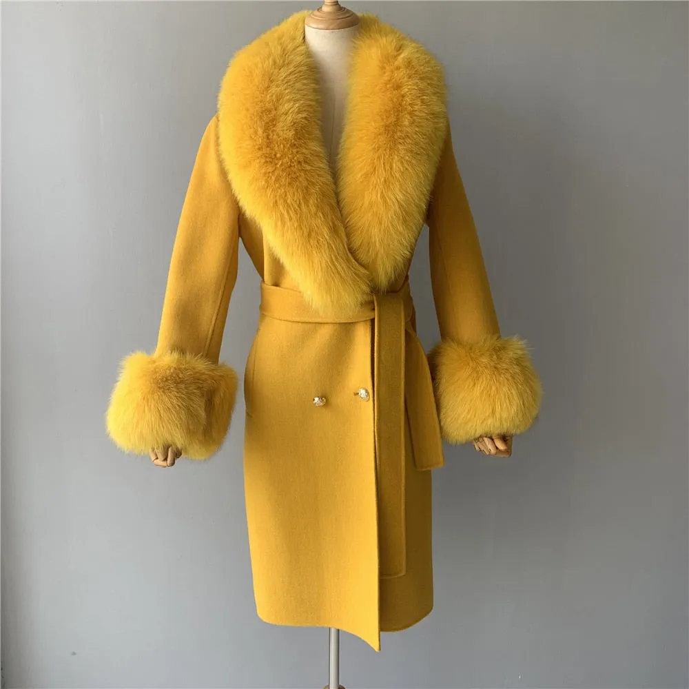 Women's Woolen Coat with Natural Fur Collar