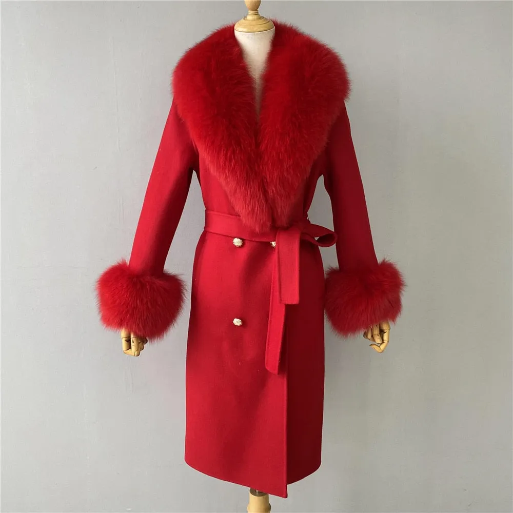 Women's Woolen Coat with Natural Fur Collar