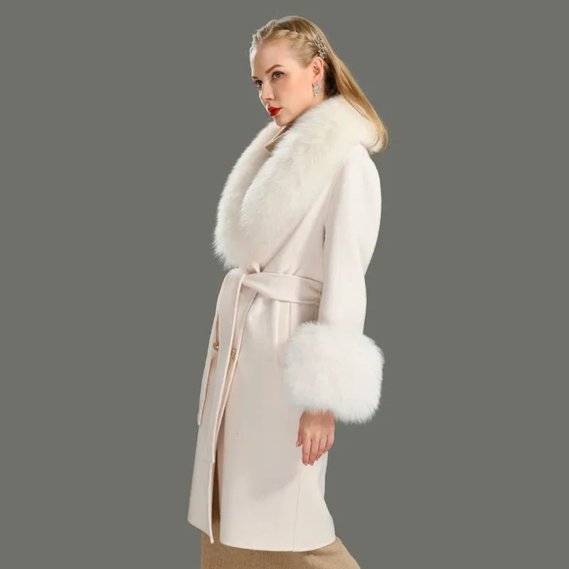 Women's Woolen Coat with Natural Fur Collar