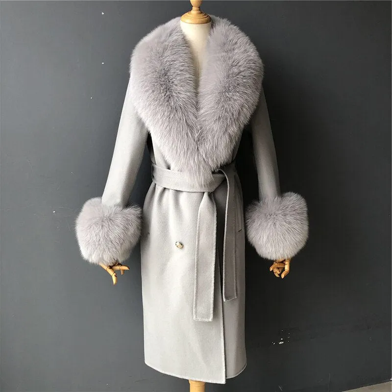 Women's Woolen Coat with Natural Fur Collar