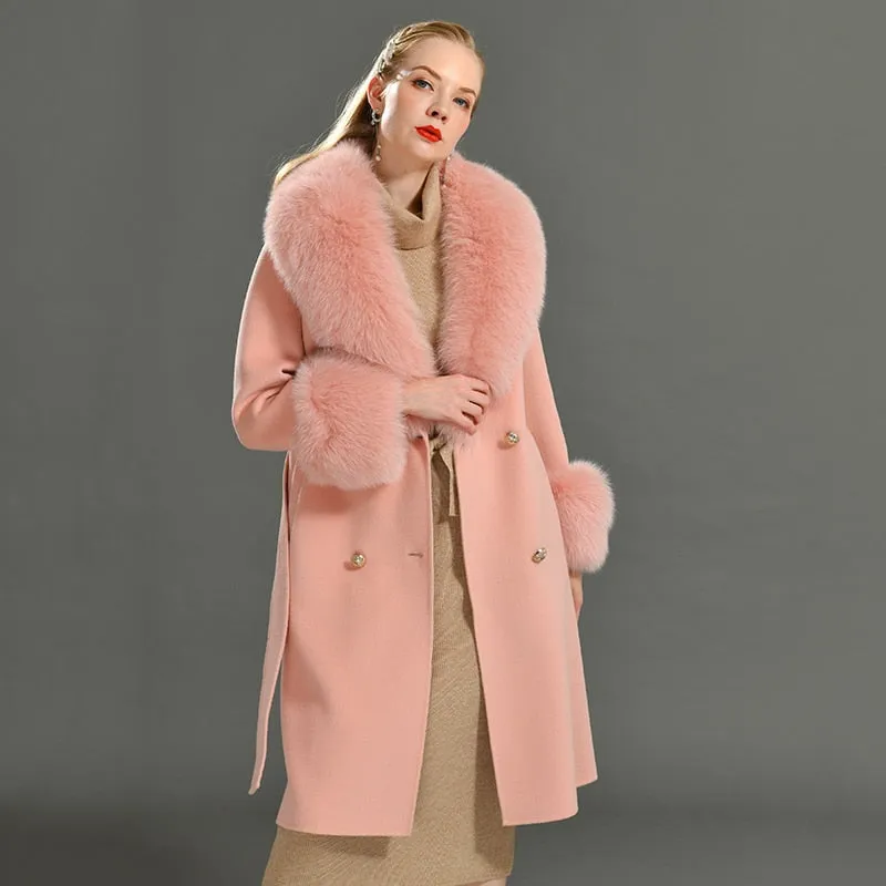 Women's Woolen Coat with Natural Fur Collar