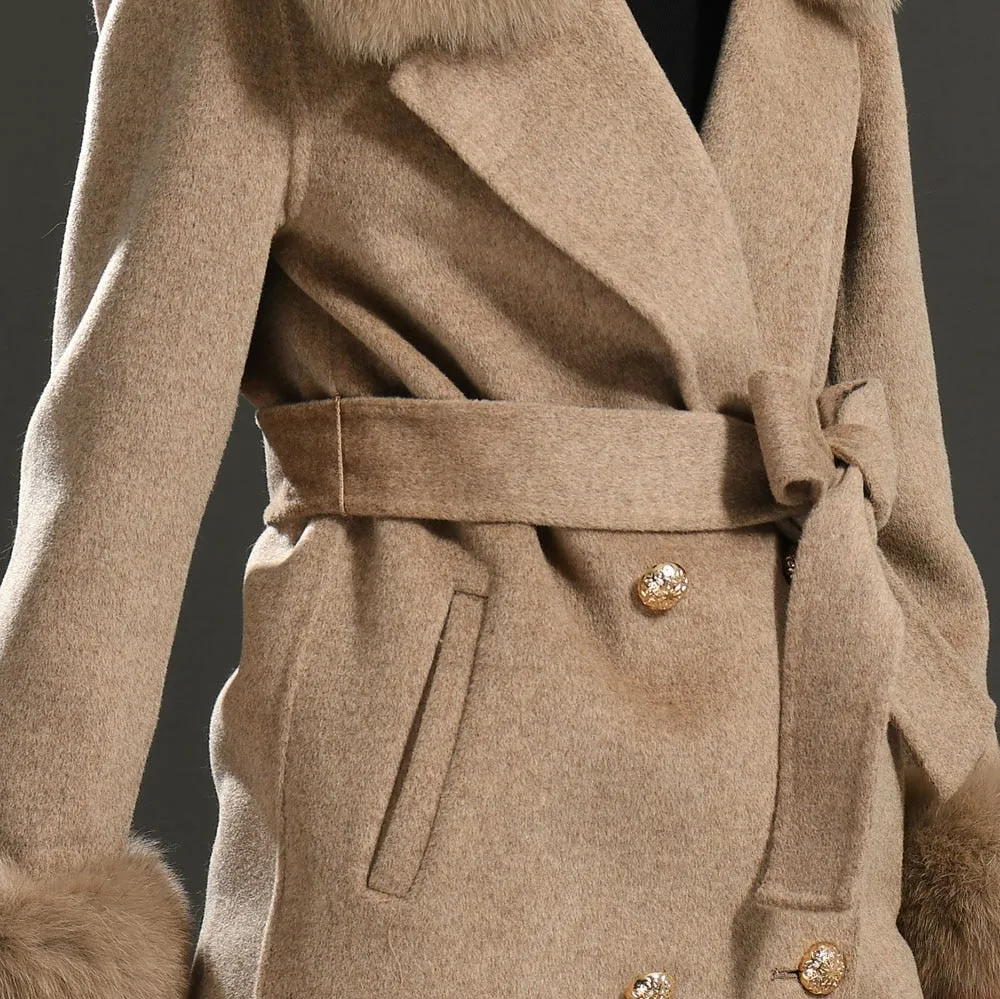 Women's Woolen Coat with Natural Fur Collar