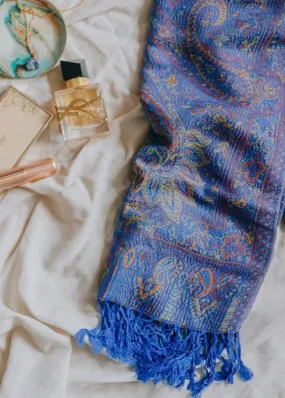 Xander Kostroma  - Bohemian-Inspired Pashmina –70x190cm –Deep Periwinkle & Purple-Blue Paisley with Fringed Tassels – Soft Viscose-Poly Blend –A Must-Have for Fashion-Loving Women