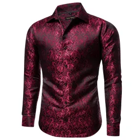 YourTies Burgundy Long Sleeve Top Jacquard Paisley Men's Dress Shirt