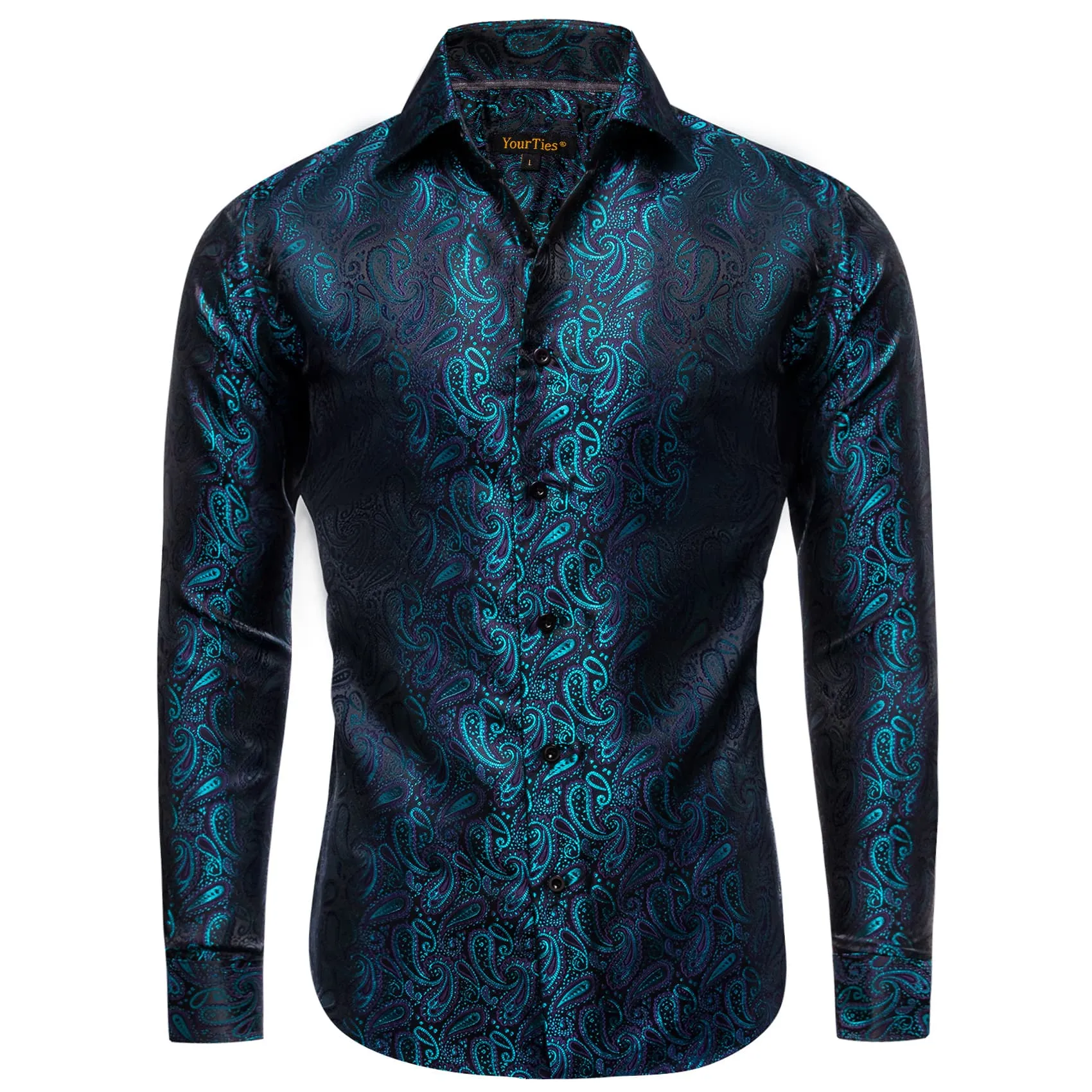 YourTies Long Sleeve Shirts Teal Blue Jacquard Paisley Men's Shirt