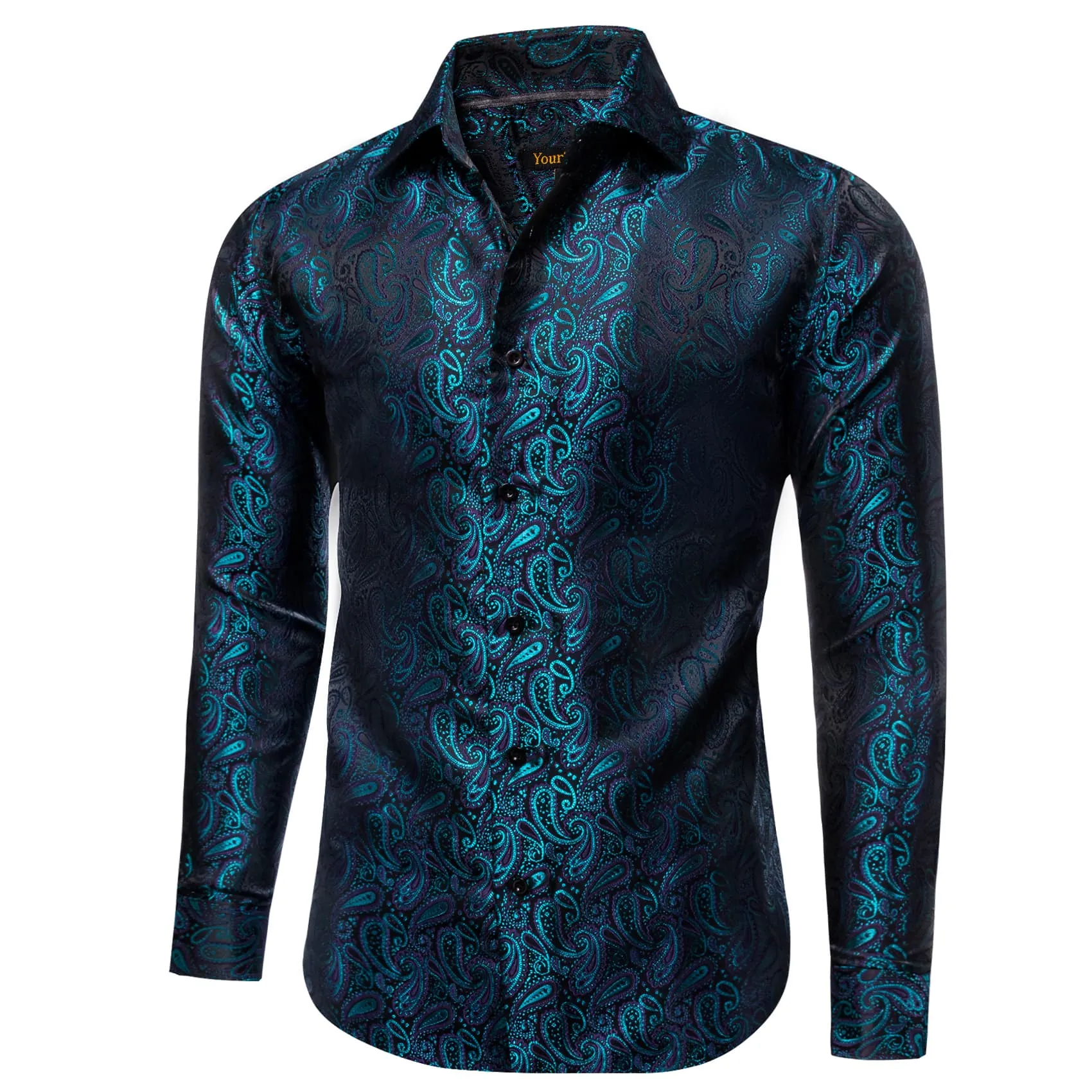 YourTies Long Sleeve Shirts Teal Blue Jacquard Paisley Men's Shirt